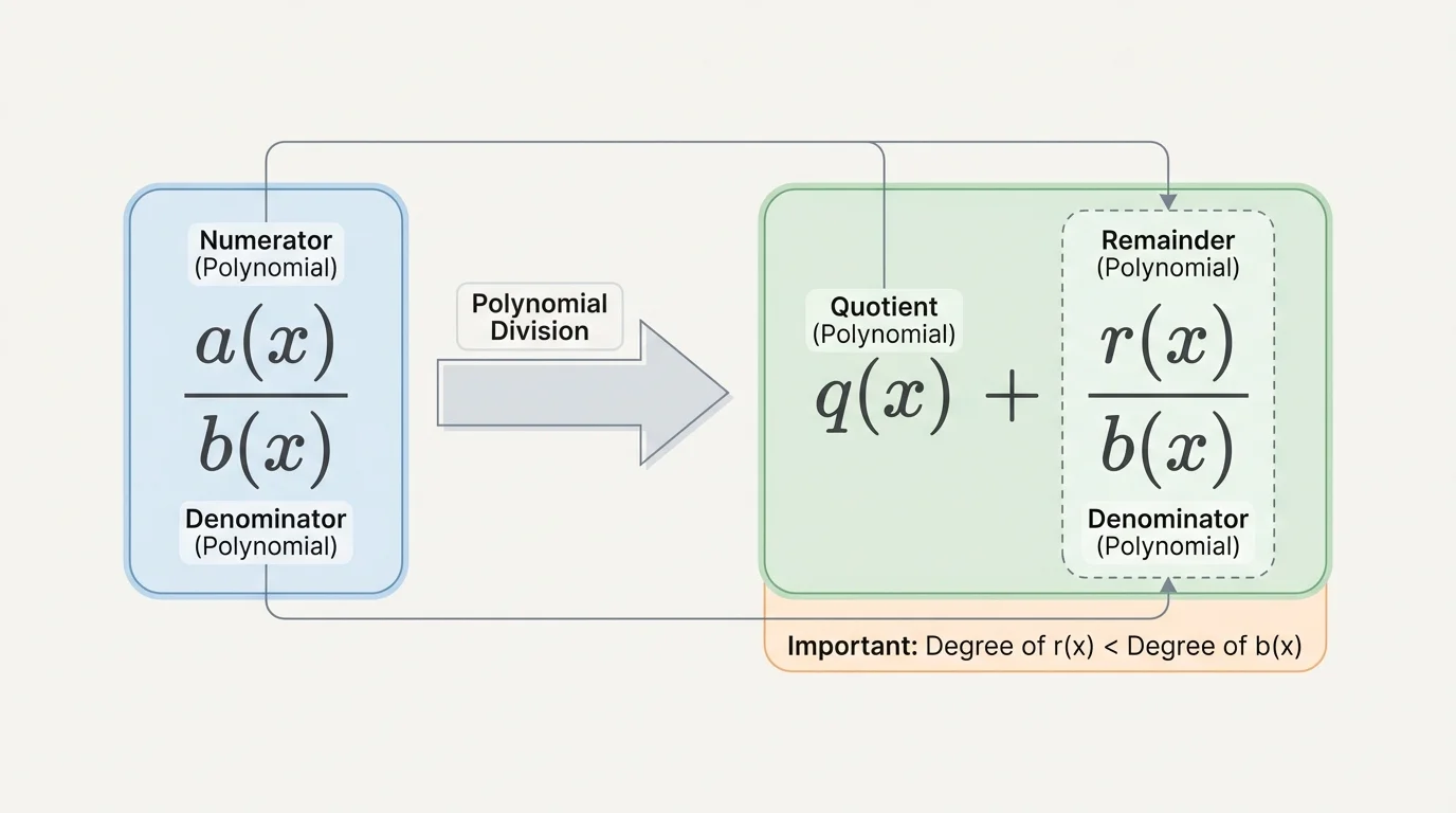 Algebra flowchart showing a polynomial numerator divided by a polynomial denominator producing quotient and remainder, then rewritten as polynomial plus a proper rational expression