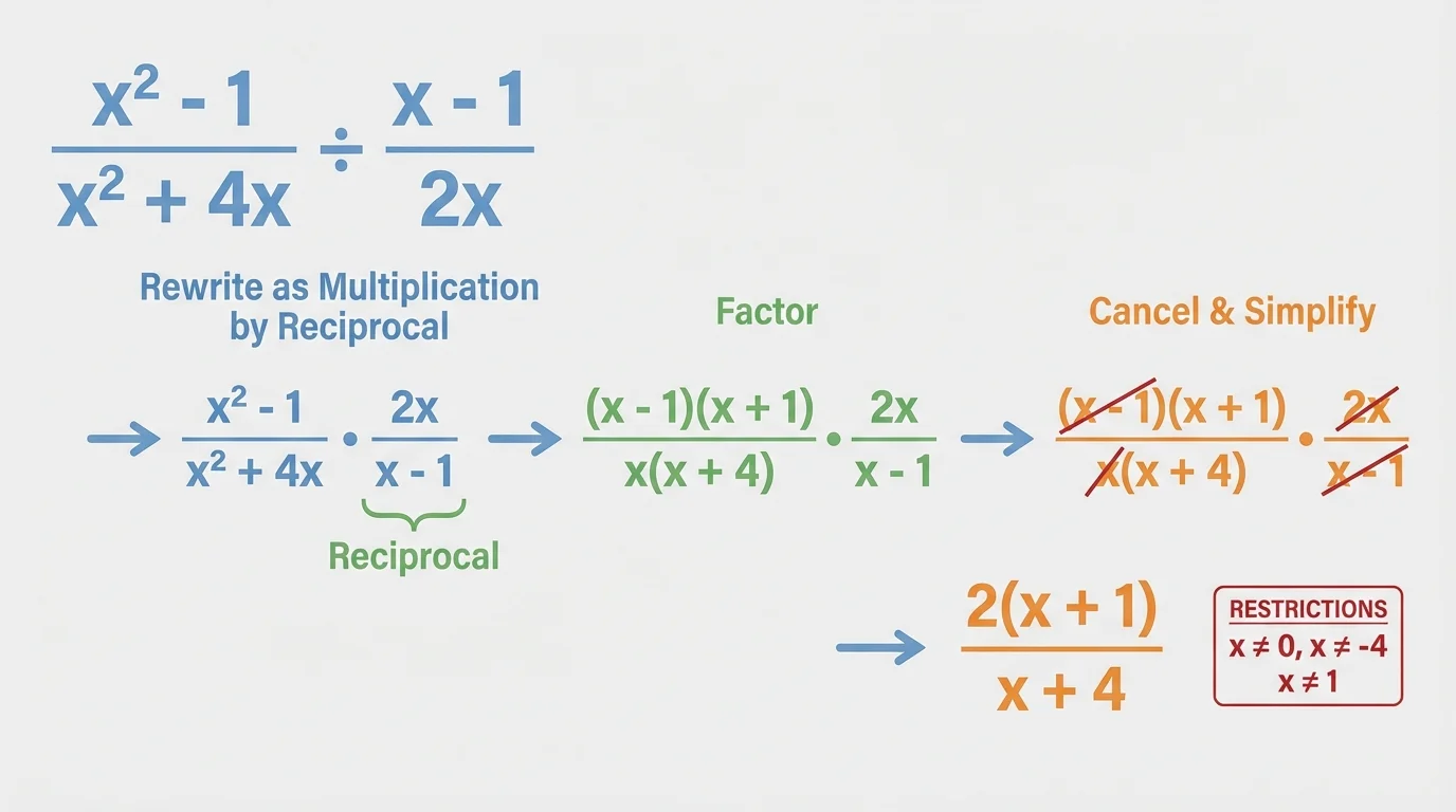 division of two rational expressions rewritten as multiplication by the reciprocal, followed by factoring, canceling, and checking restrictions