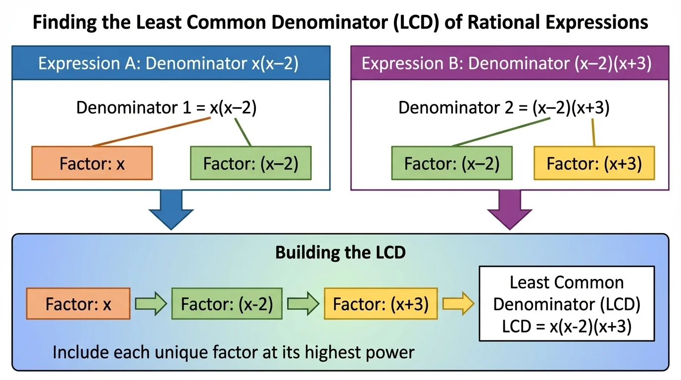 factored denominators x(x-2) and (x-2)(x+3) with the least common denominator built from factors x, (x-2), and (x+3)