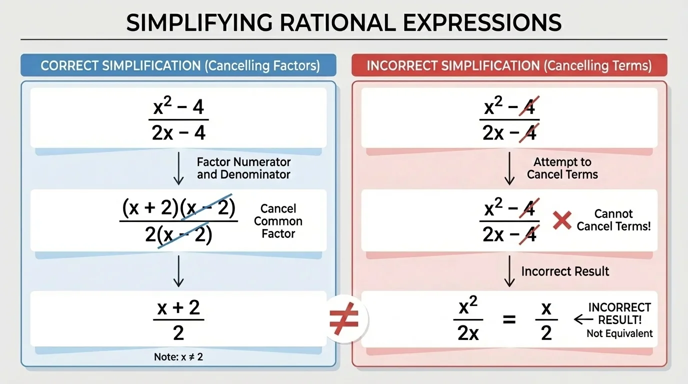 side-by-side simplification of rational expressions showing correct cancellation of common factors after factoring and incorrect cancellation of terms in sums