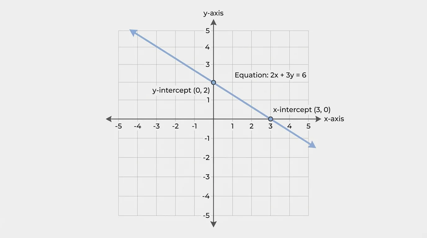 Coordinate plane with a straight line showing clear x- and y-intercepts labeled on the axes, and the line labeled with its equation
