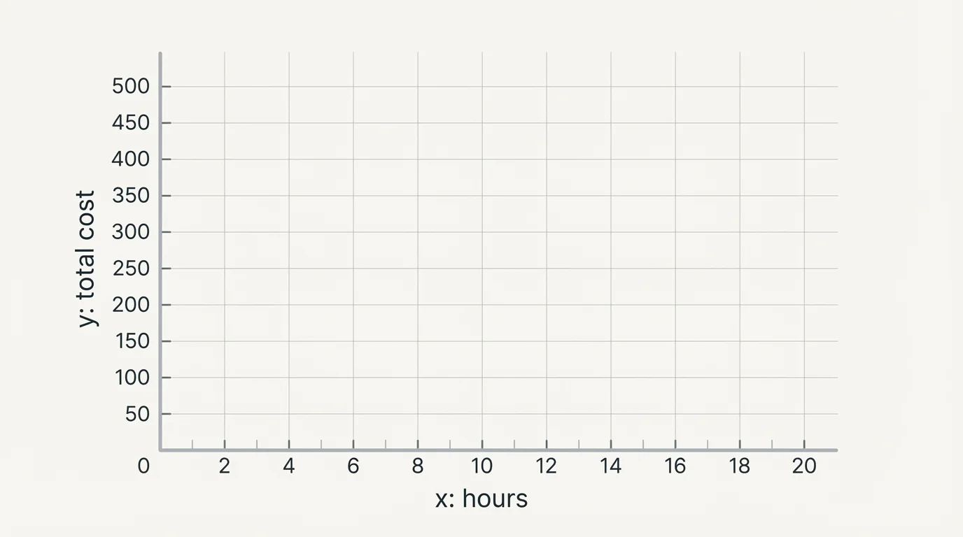 Blank coordinate plane with horizontal axis labeled x: hours and vertical axis labeled y: total cost, with non-1 scales and tick marks clearly labeled