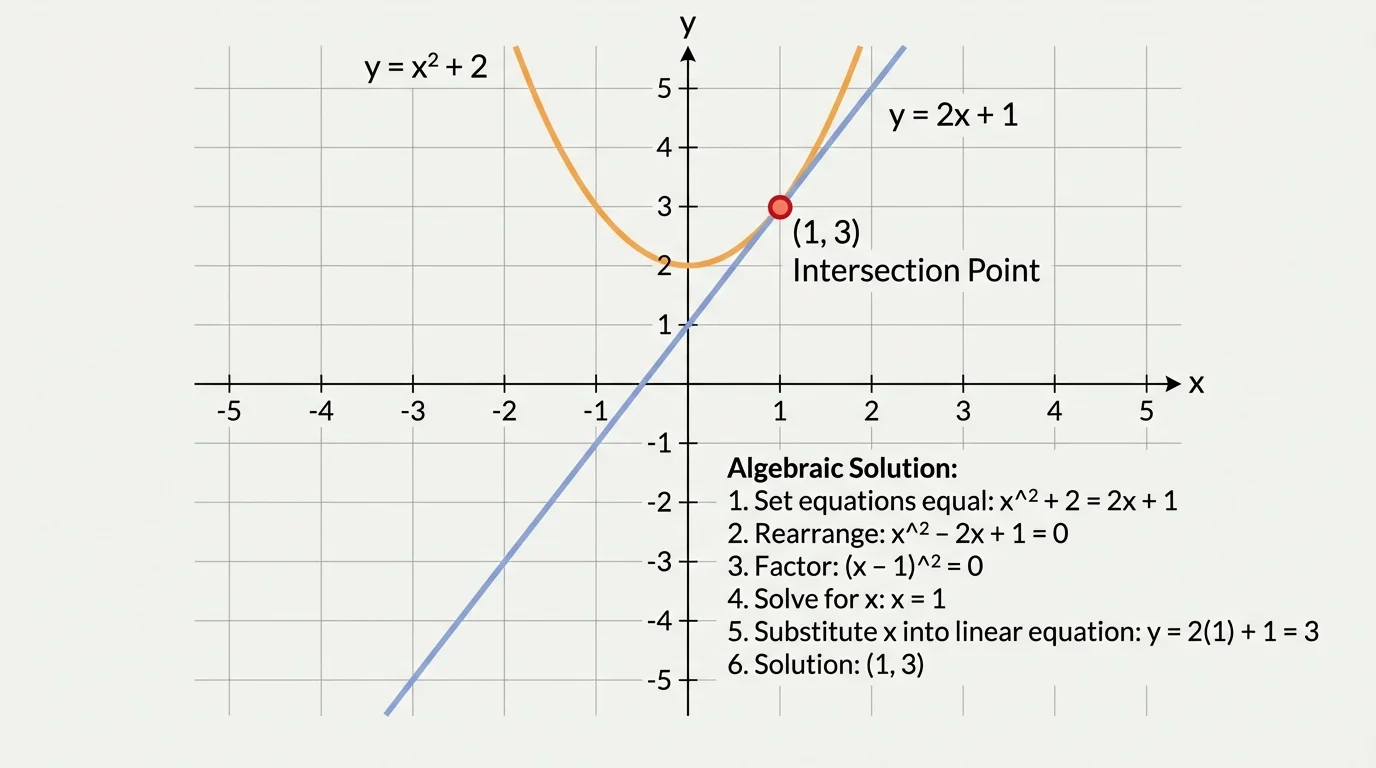 Graph of y=2x+1 and y=x^2+2 on a coordinate plane, with the line touching the parabola at the single point (1,3)