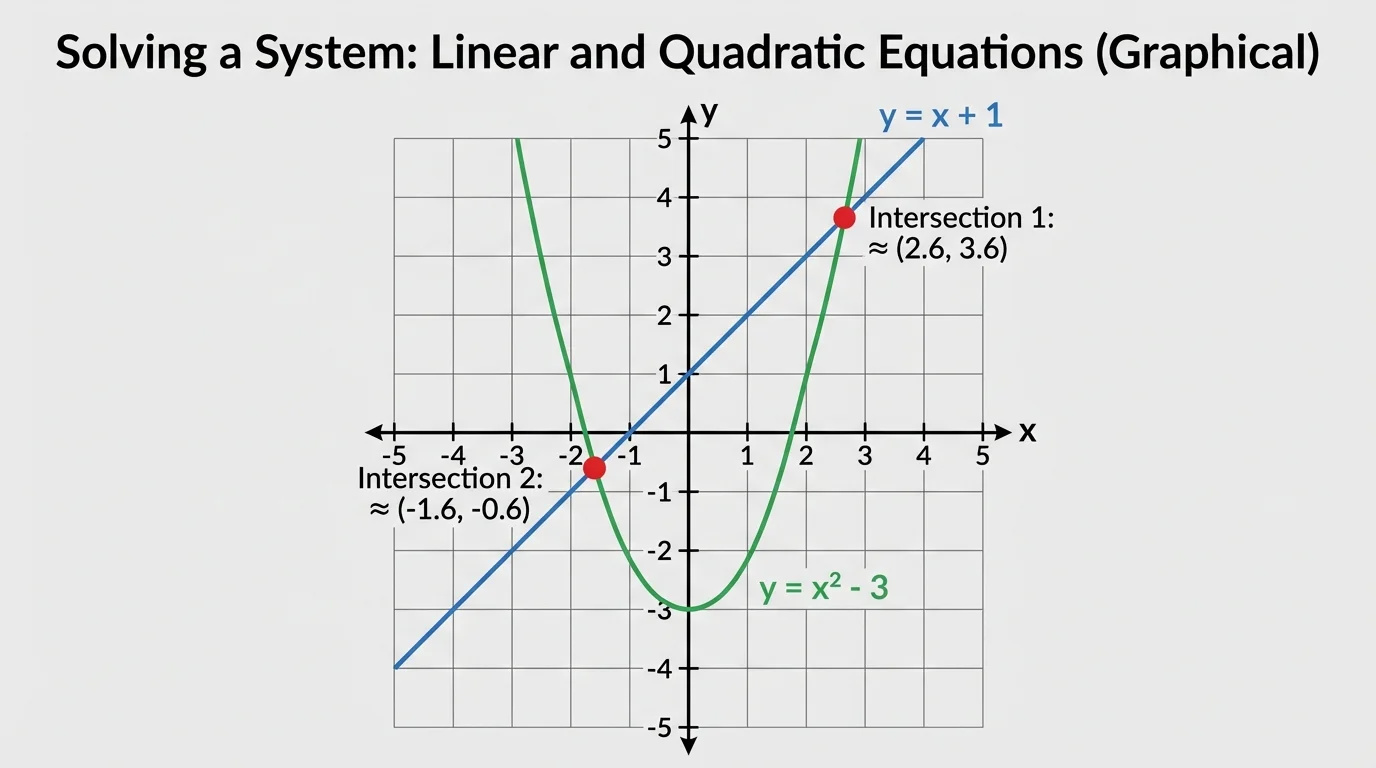 Graph of y=x+1 and y=x^2-3 on a coordinate plane, with the two intersection points marked and labeled approximately