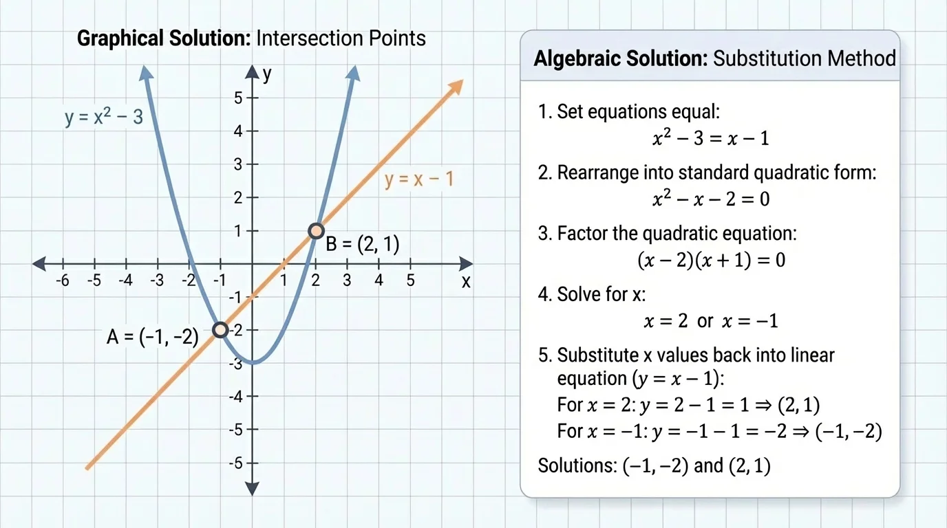 Coordinate plane with an upward-opening parabola and a slanted line intersecting at two labeled points, showing that solutions are intersection points of the line and parabola