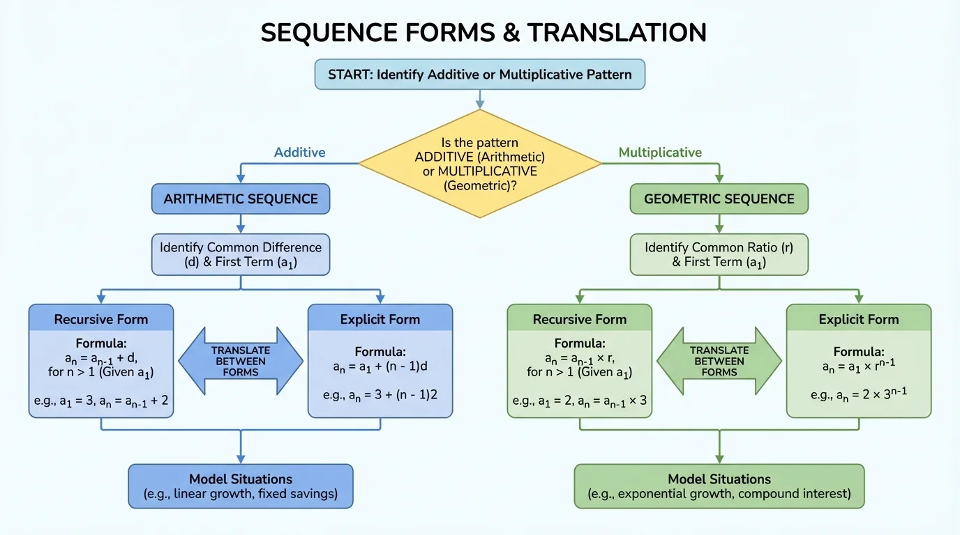 flowchart showing translation between recursive and explicit forms for arithmetic and geometric sequences, starting with identify additive or multiplicative pattern
