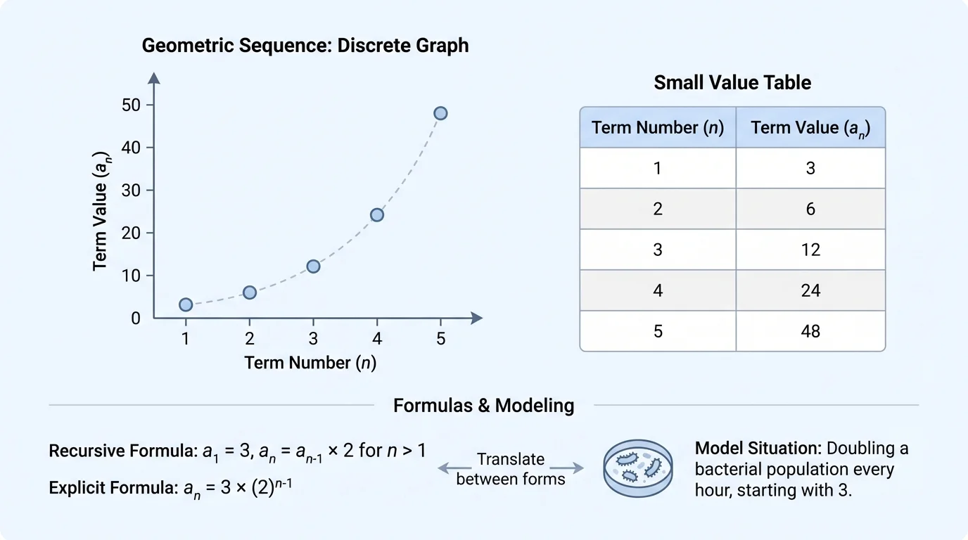 discrete graph and small value table for a geometric sequence, with points increasing by multiplication and forming a curved growth pattern rather than a straight-line trend