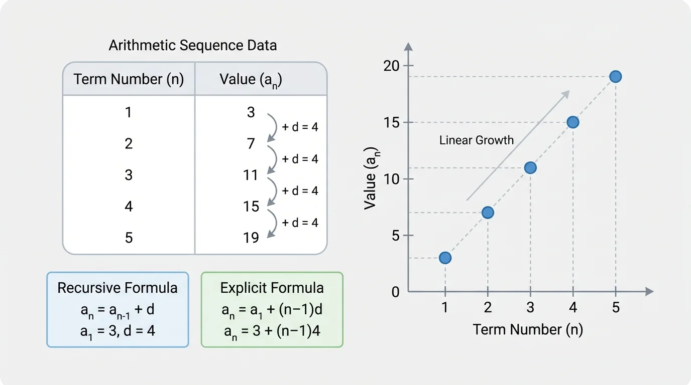 chart of an arithmetic sequence with term numbers 1 through 5, values increasing by a constant difference, and matching discrete graph points rising by equal vertical steps