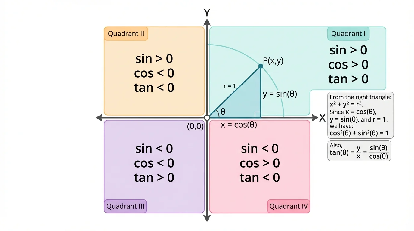Four-quadrant coordinate plane with signs of sine, cosine, and tangent marked in each quadrant