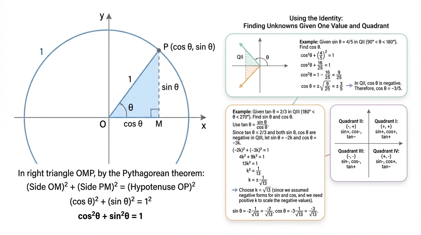 Unit circle centered at the origin with angle theta, radius 1, point labeled (cos(theta), sin(theta)), and a right triangle formed to the x-axis