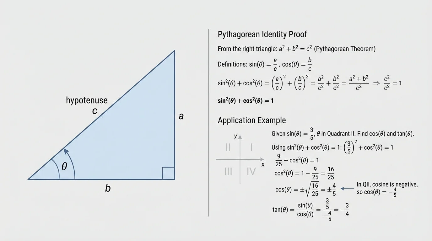 Right triangle labeled with angle theta, opposite side a, adjacent side b, hypotenuse c, showing side-ratio definitions for sine and cosine