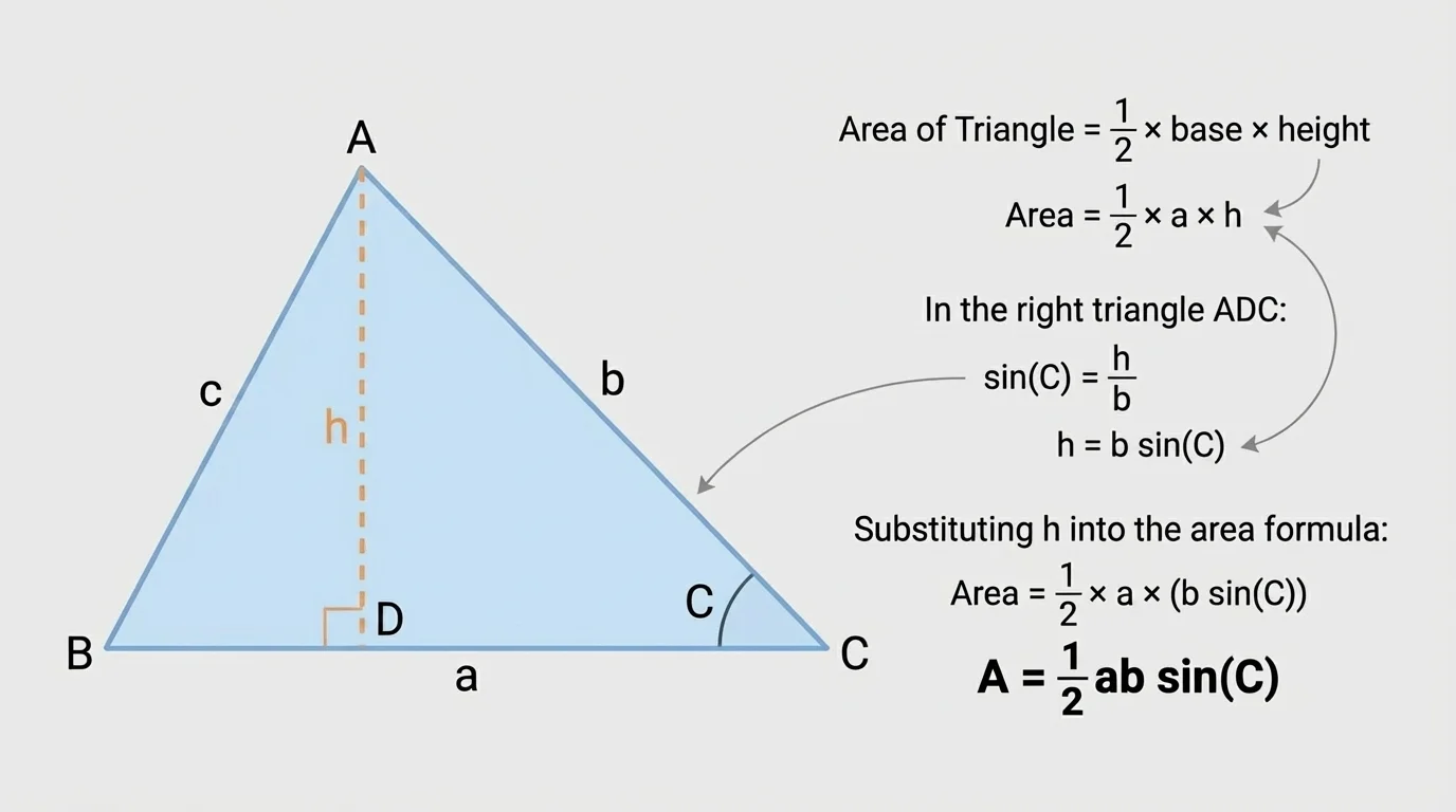 Triangle labeled a, b, c with included angle C and perpendicular height drawn to side a