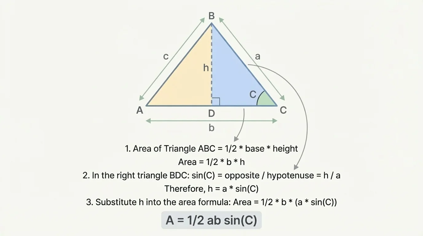 Right triangle inside the original triangle with height h, hypotenuse b, and angle C labeled