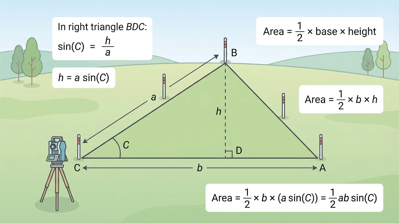 Land-survey scene with triangular field, two measured sides, and included angle marked