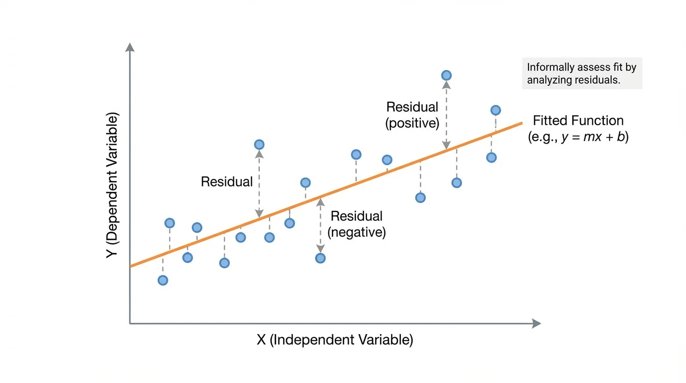 scatter plot of quantitative data with a straight fitted line and several vertical distances from data points to the line labeled as residuals above and below the line
