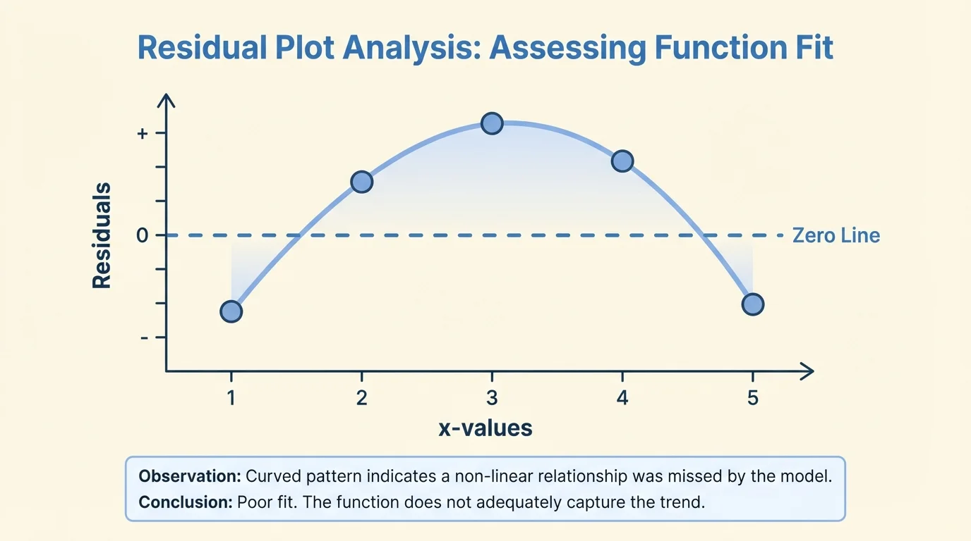 residual plot for x-values 1 through 5 with residuals negative at the ends and positive in the middle, forming a curved pattern around the zero line