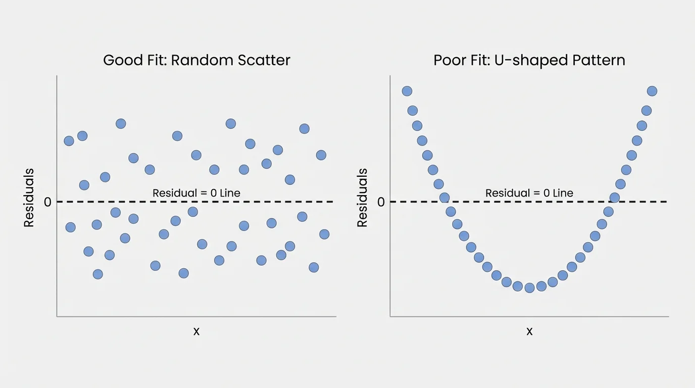 side-by-side residual plots, one with random scatter around a horizontal zero line and one with a clear U-shaped pattern indicating poor linear fit