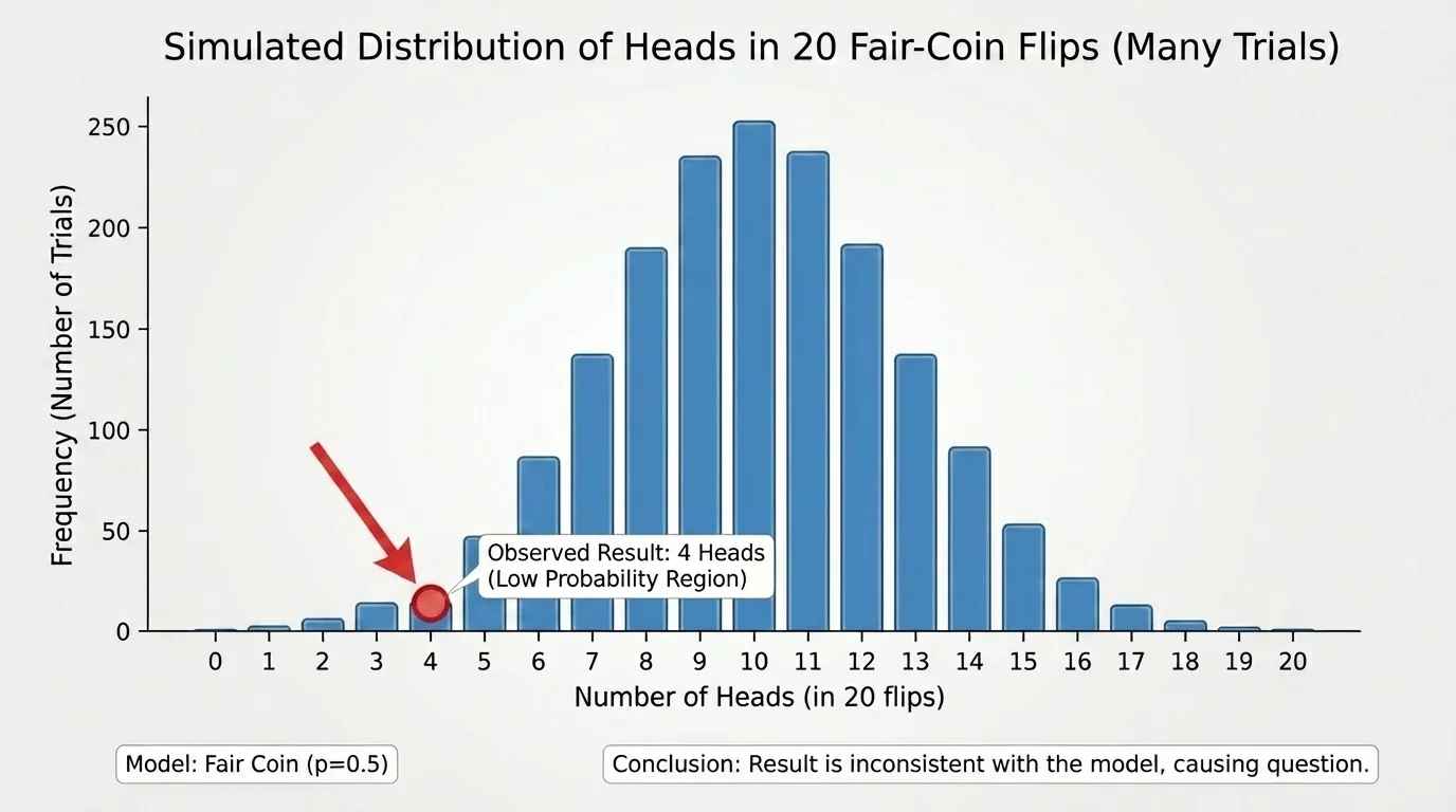 Bar graph of simulated numbers of heads in 20 fair-coin flips across many trials, with an observed result marked