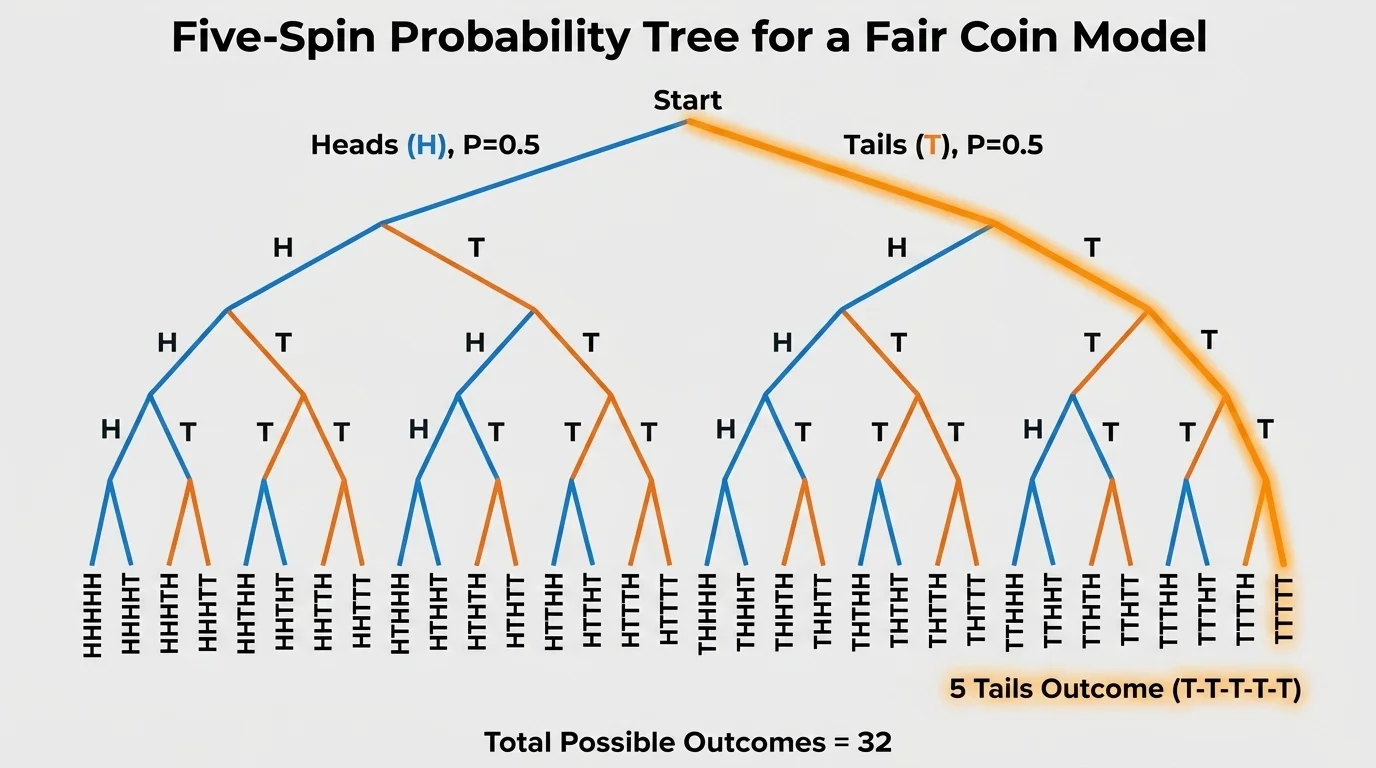 Five-spin outcome tree for a fair coin, highlighting the single all-tails path among all possible sequences