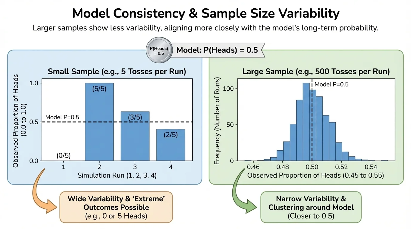 Side-by-side plots comparing results from small samples and large samples for the same probability model, showing greater variability in smaller samples