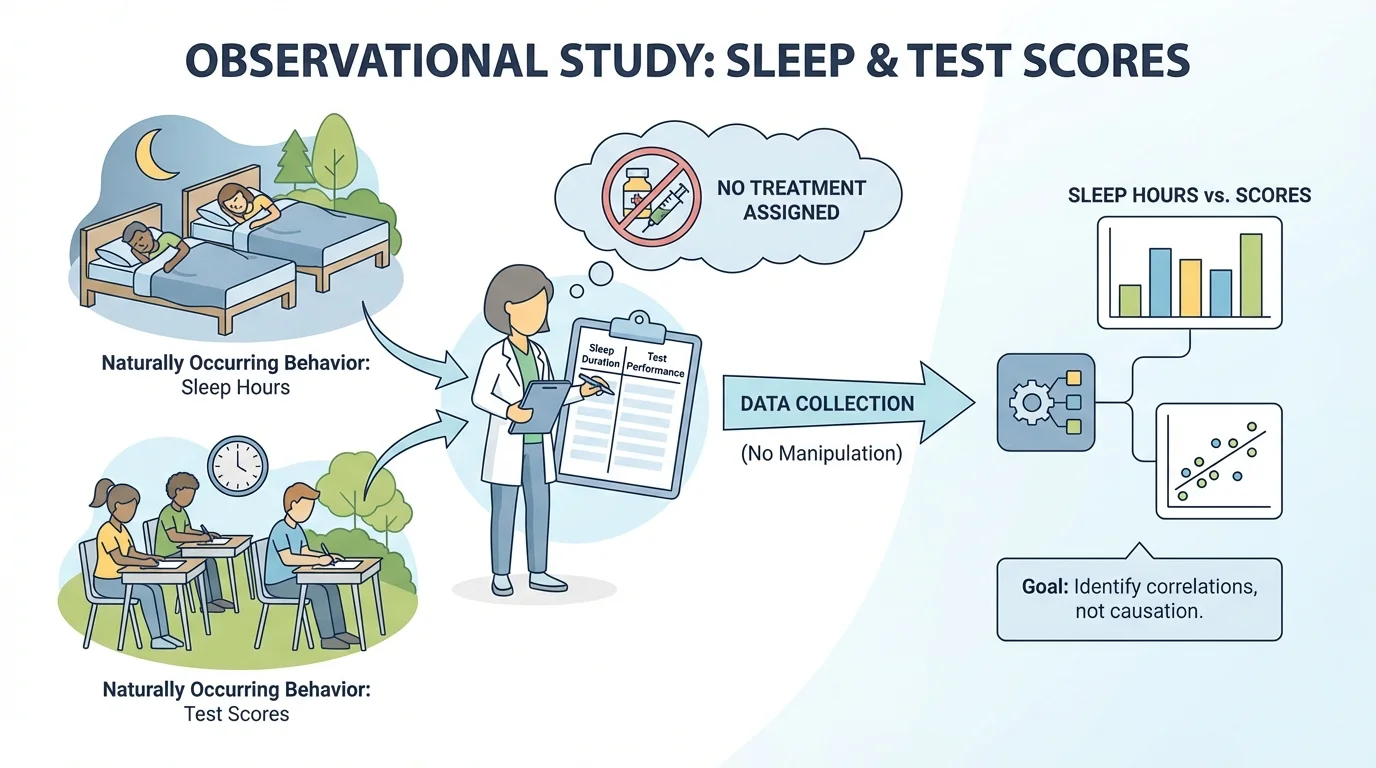researcher recording students' sleep hours and test scores from naturally occurring behavior, with no treatment being assigned