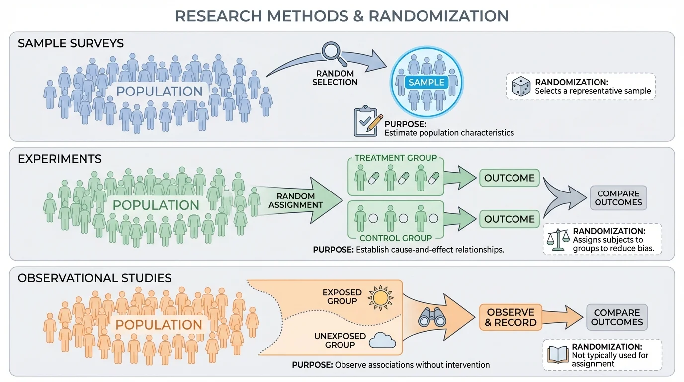 large population of people with a smaller randomly selected sample highlighted, labeled population and sample
