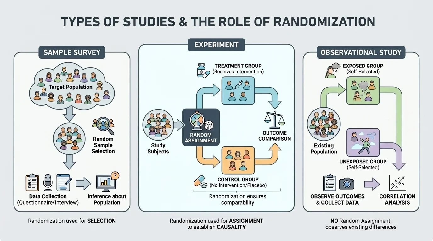 subjects entering a study and being randomly assigned to treatment group and control group, then outcomes compared