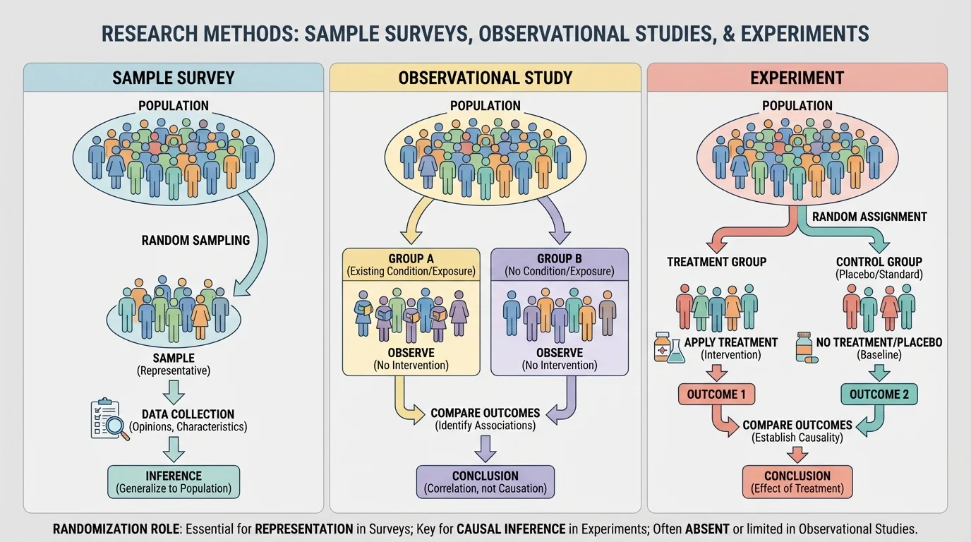 side-by-side comparison of random sampling from a population, observational study with no treatment assignment, and random assignment into treatment and control groups