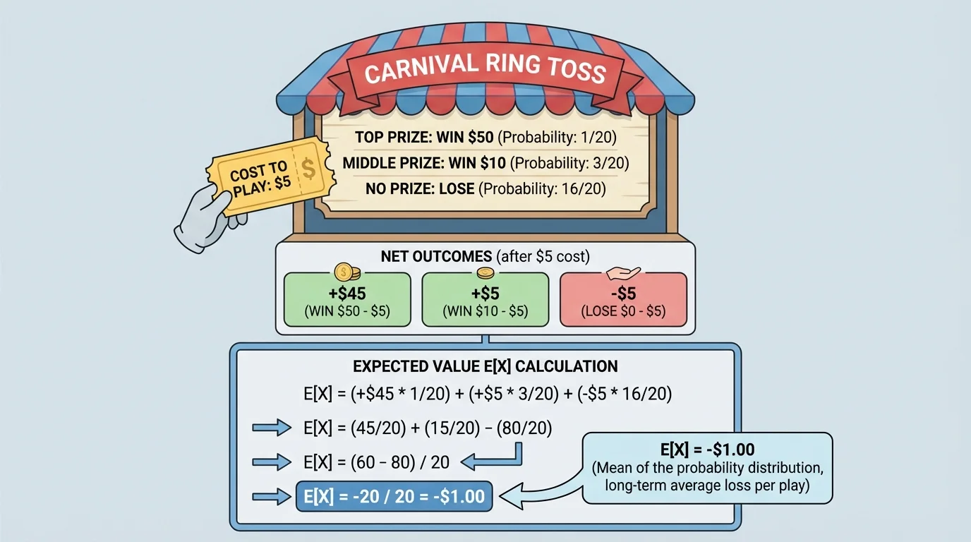 illustration of a carnival booth sign showing prize amounts and a cost-to-play ticket, with labeled net outcomes for win and lose cases