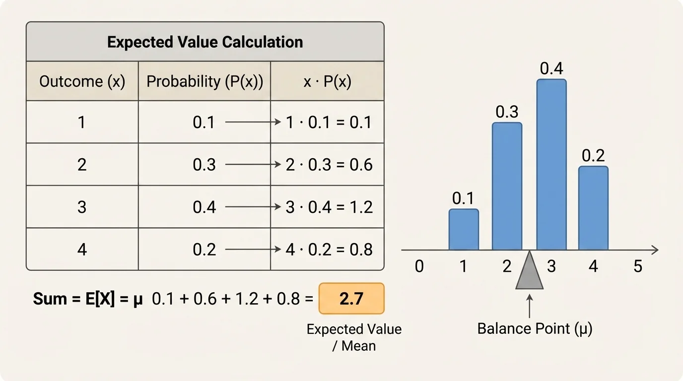 chart showing a probability distribution table for outcomes 1, 2, 3, 4 with bars of different heights representing probabilities