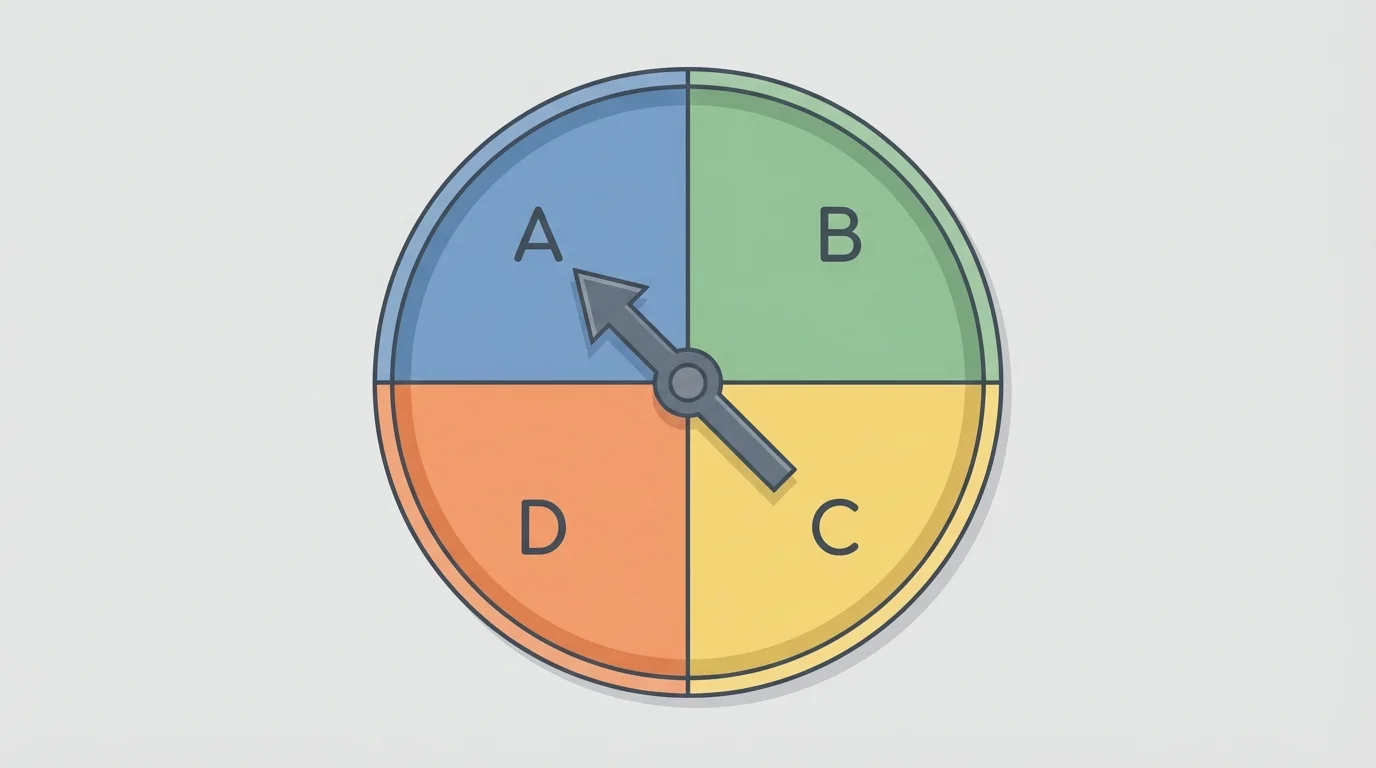 Spinner divided into four equal sectors labeled A, B, C, D with a single arrow, showing each outcome equally likely