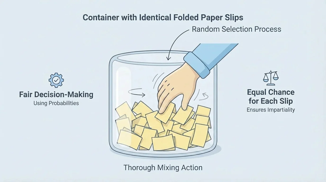 Container with many identical folded paper slips being mixed thoroughly by a hand before one slip is drawn
