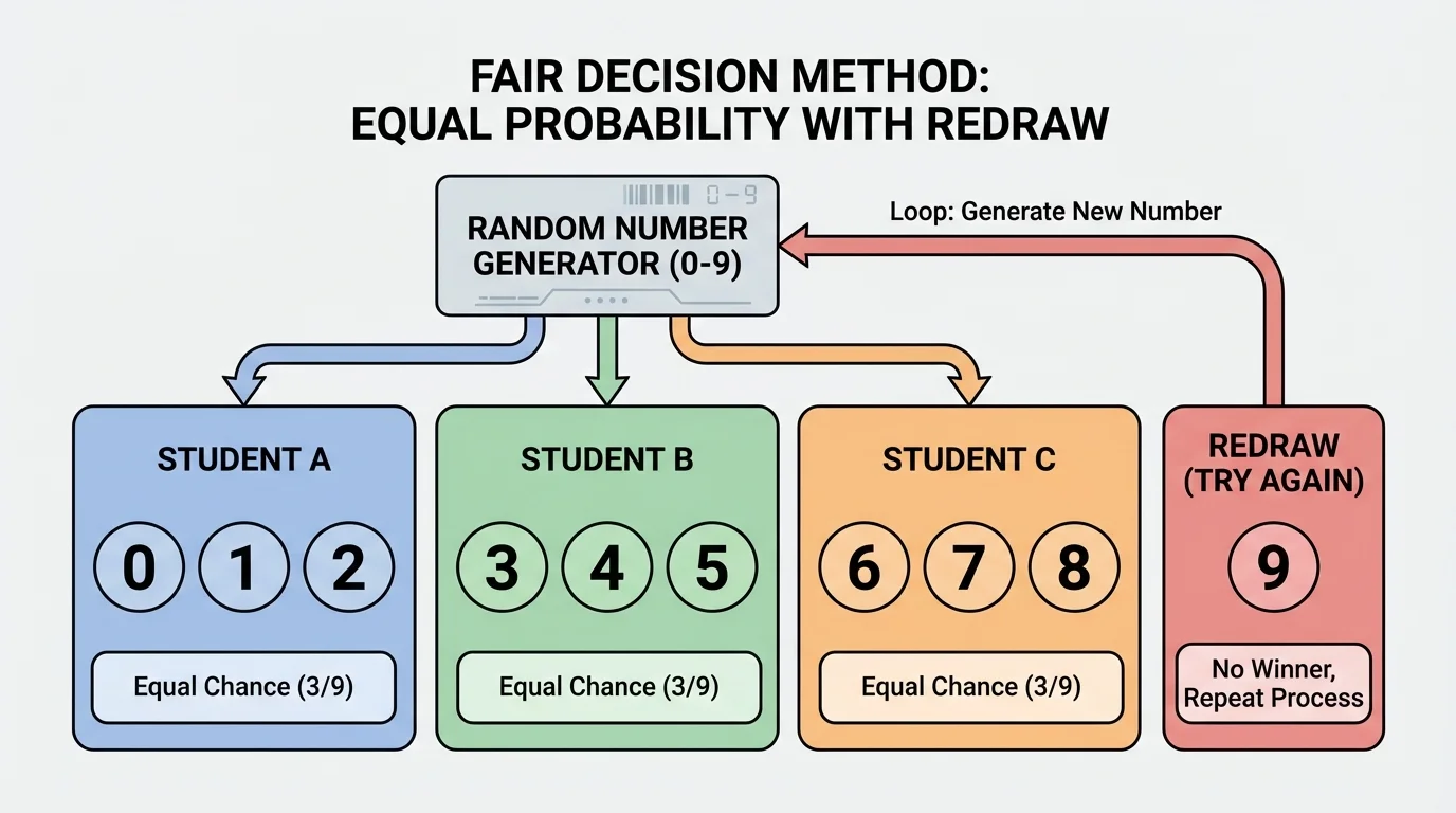 Digits 0 to 9 grouped into three equal sets for Students A, B, C, with digit 9 leading to a redraw arrow