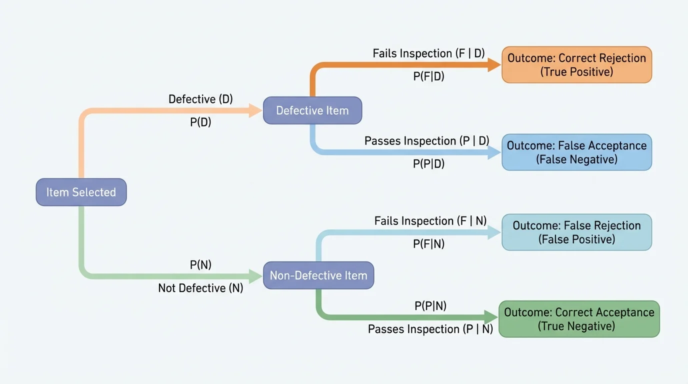 Probability tree for a product test showing branches for selected item defective or not defective, then pass or fail inspection, with short labels on each branch