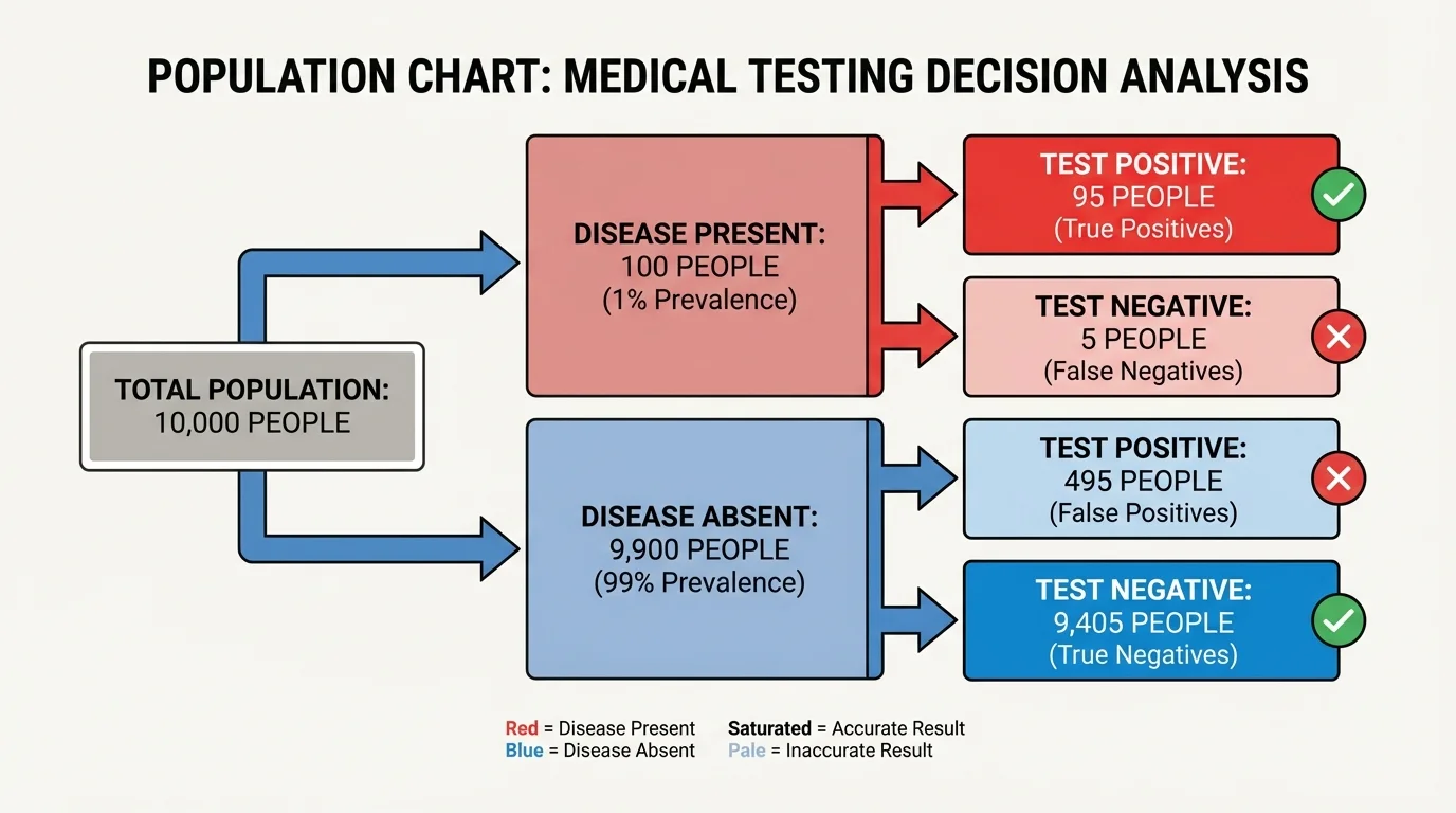 Population chart for 10,000 people split into disease and no disease, then positive and negative test results, showing true positives, false positives, true negatives, and false negatives