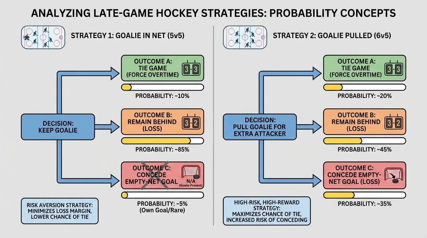 Comparison chart of late-game hockey strategies, one side with goalie in net and one side with goalie pulled, showing possible outcomes tie game, remain behind, or concede empty-net goal