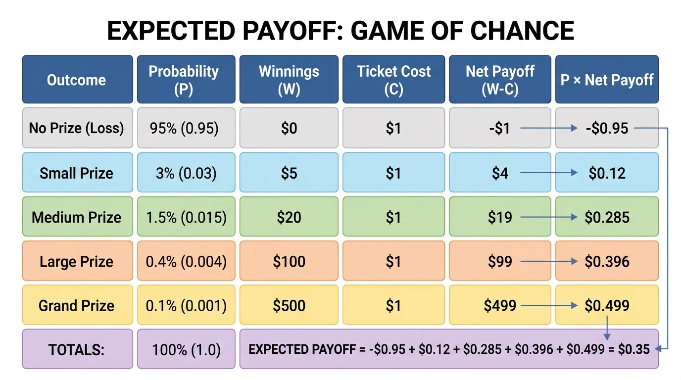 chart listing game outcomes with columns for result, probability, winnings, ticket cost, and net payoff including one losing outcome and several prize outcomes