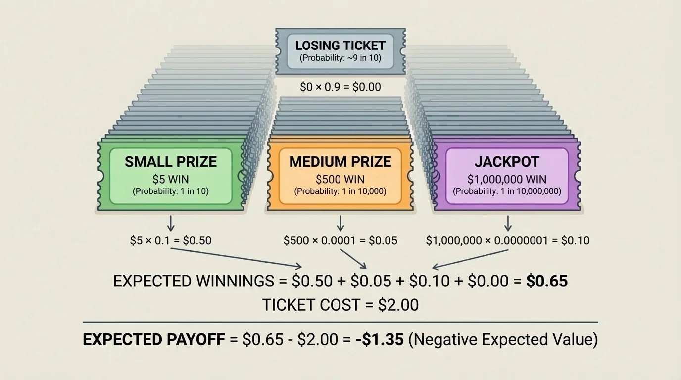 stack of lottery tickets with a few highlighted winning tickets labeled small prize, medium prize, jackpot, and many losing tickets faded in the background