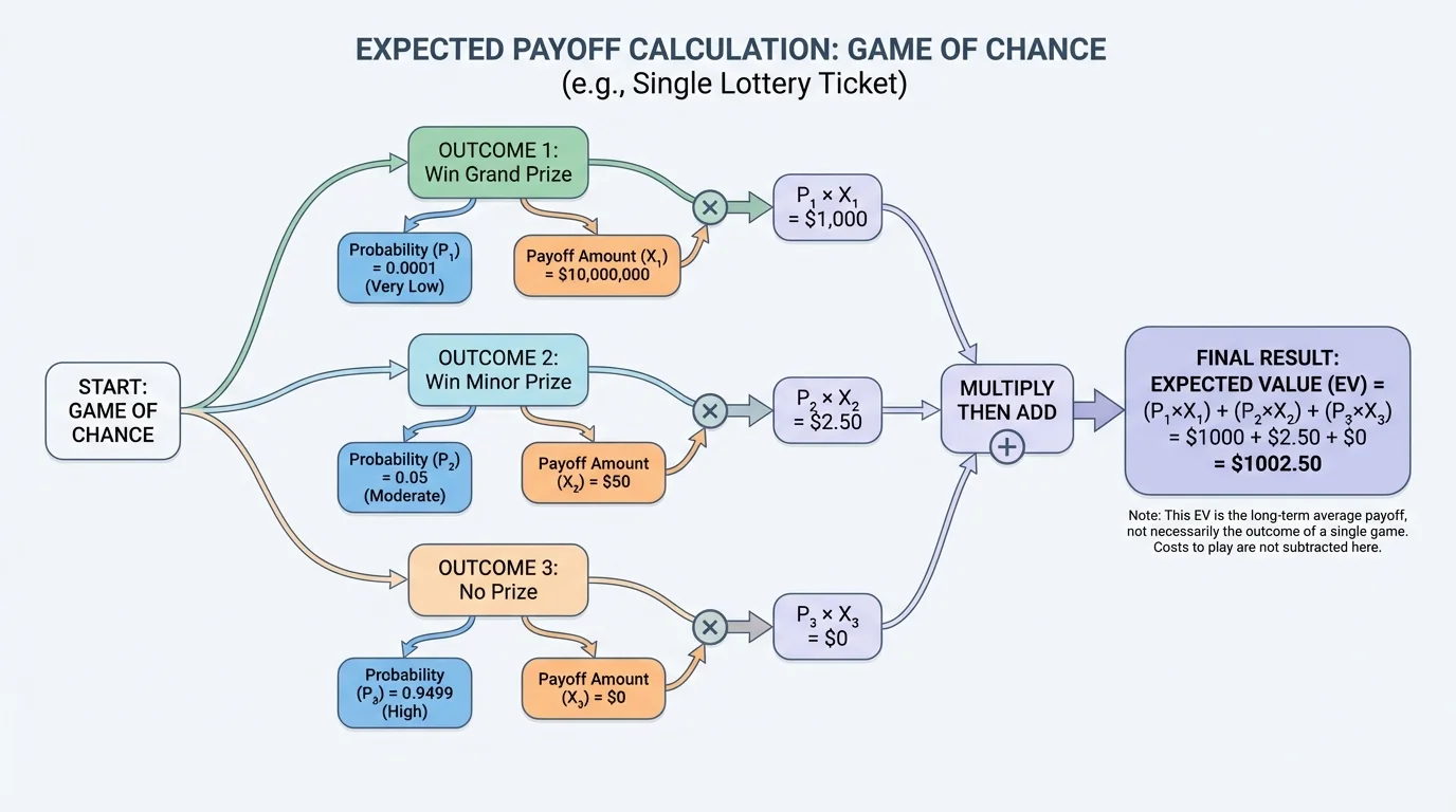 flowchart of one game branching to several outcomes labeled with probabilities and payoff amounts, emphasizing multiply then add to get expected value