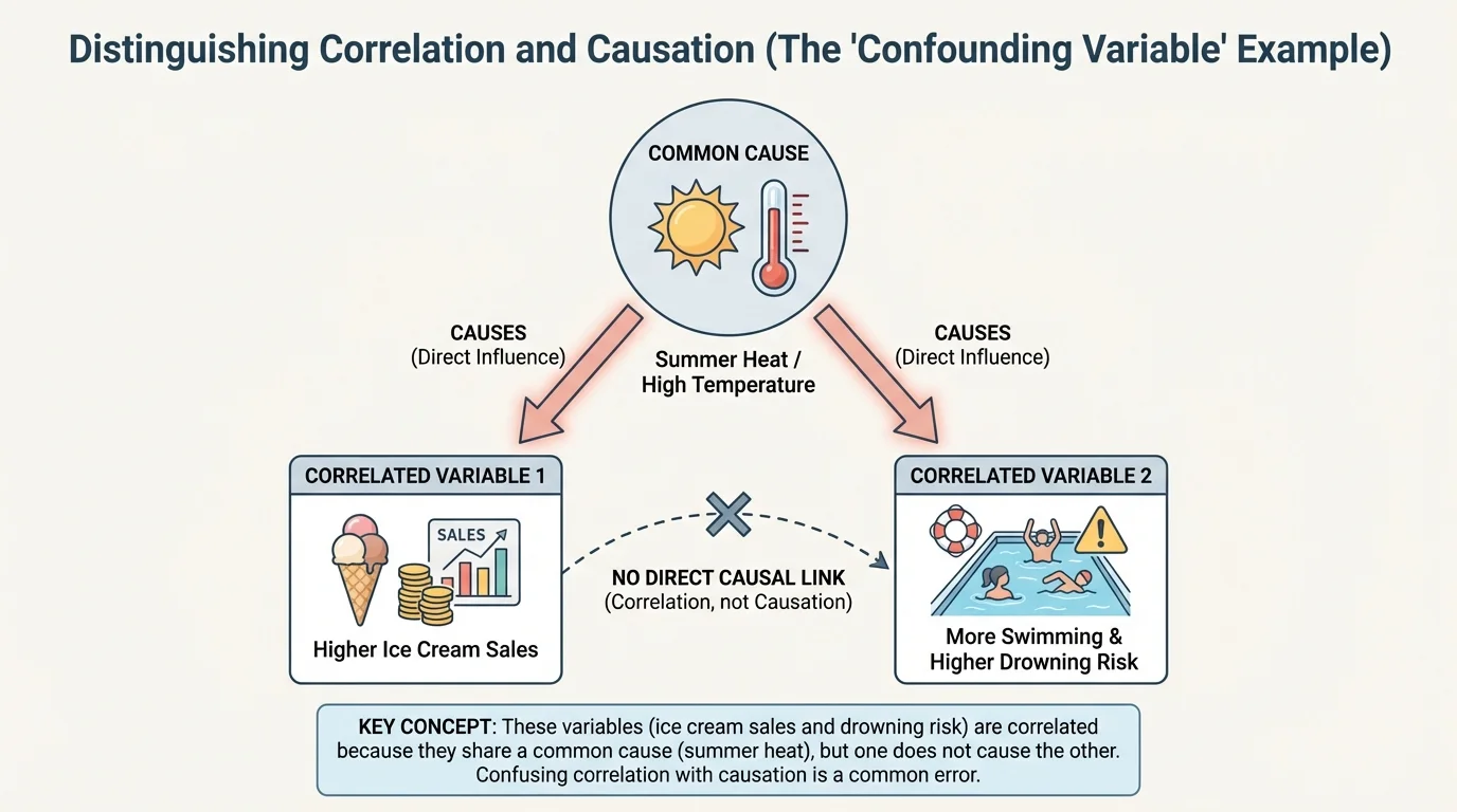 causal diagram with summer heat or temperature pointing to higher ice cream sales and also pointing to more swimming and higher drowning risk