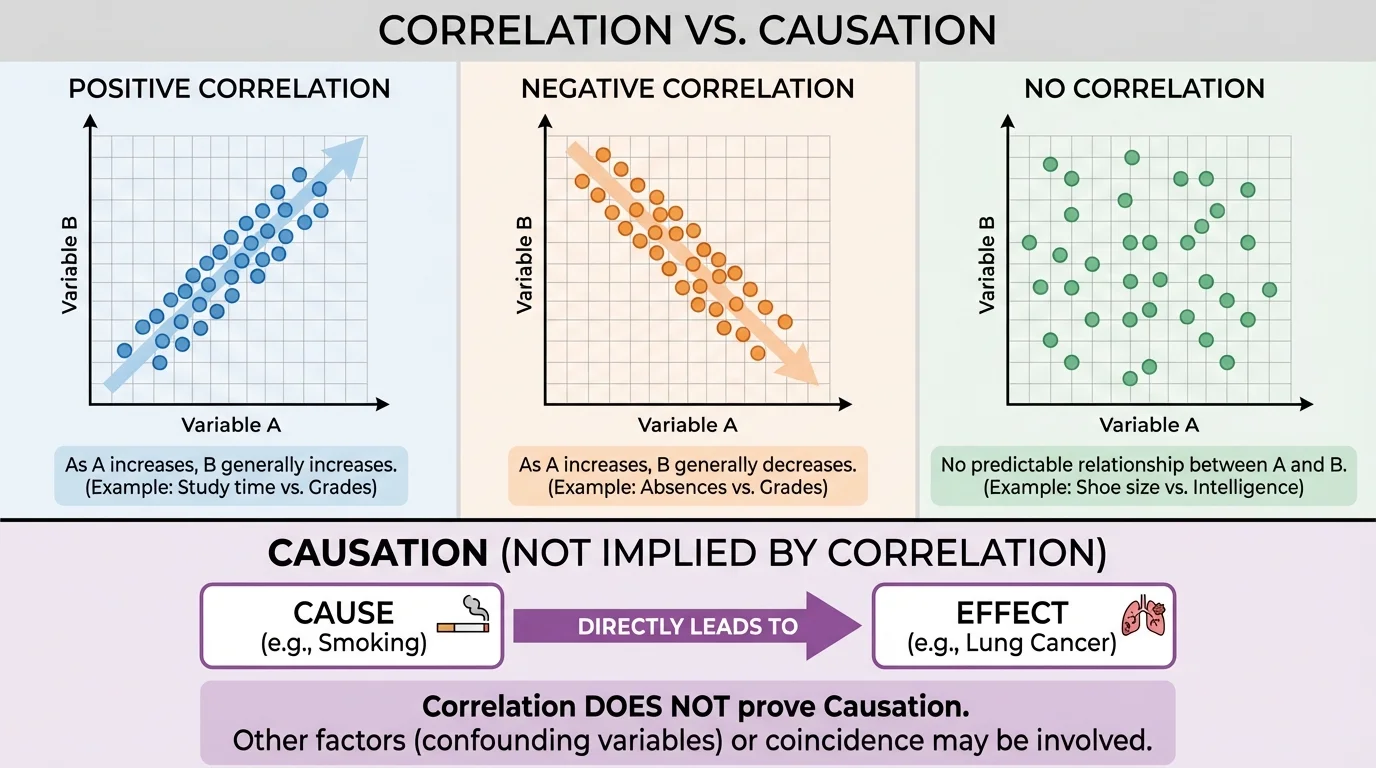 three side-by-side scatter plots showing positive correlation with upward trend, negative correlation with downward trend, and no correlation with random points on coordinate grids