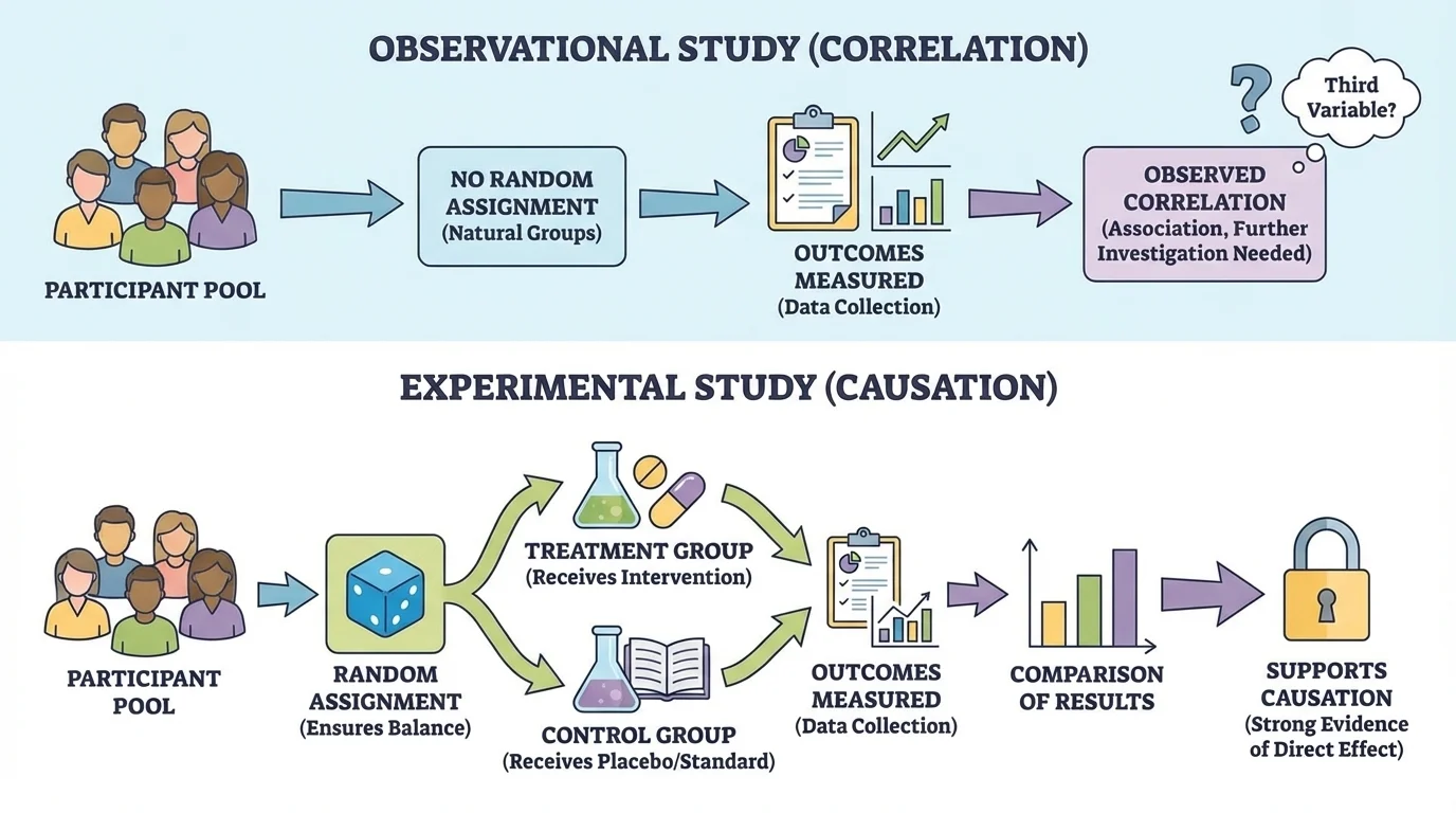 participants entering a study, randomly assigned to treatment group and control group, then outcomes measured and compared