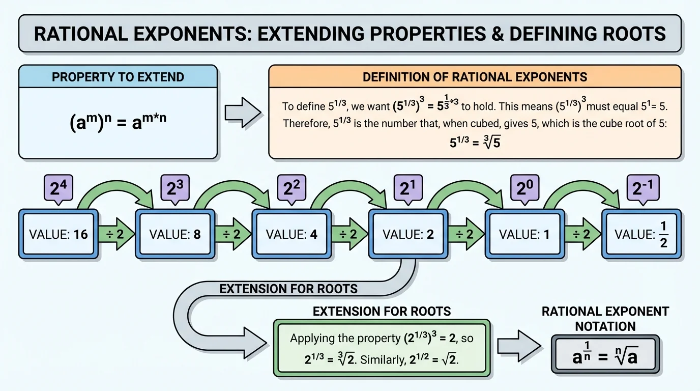 powers of 2 in a row showing exponents 4, 3, 2, 1, 0, -1 with values 16, 8, 4, 2, 1, one-half, and arrows indicating each step divides by 2
