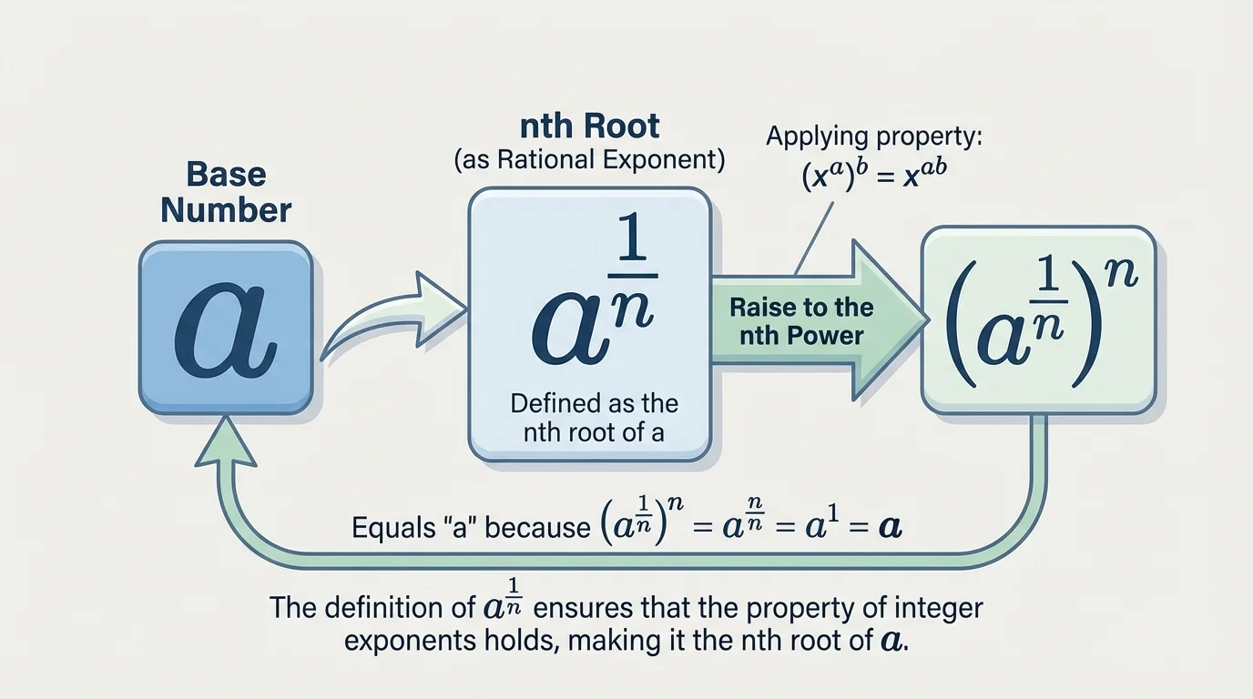 visual link showing a number a, its nth root labeled a^(1/n), and an arrow showing that raising it to the nth power returns a