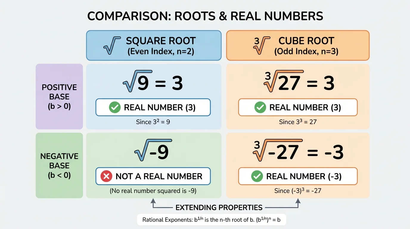 comparison chart with positive and negative bases under square root and cube root, showing which results are real and which are not in the real number system