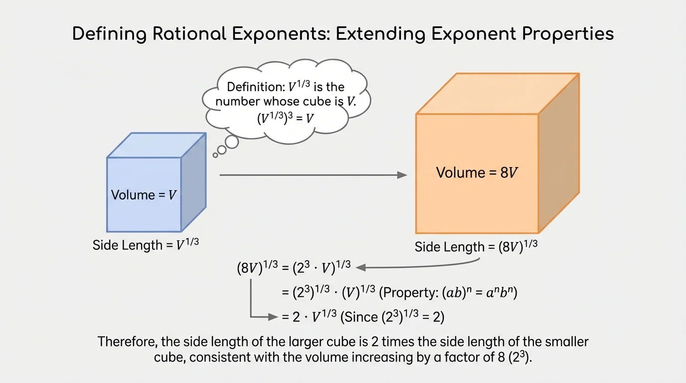 two cubes with side lengths and volumes labeled conceptually, showing that increasing volume by a factor of 8 doubles side length