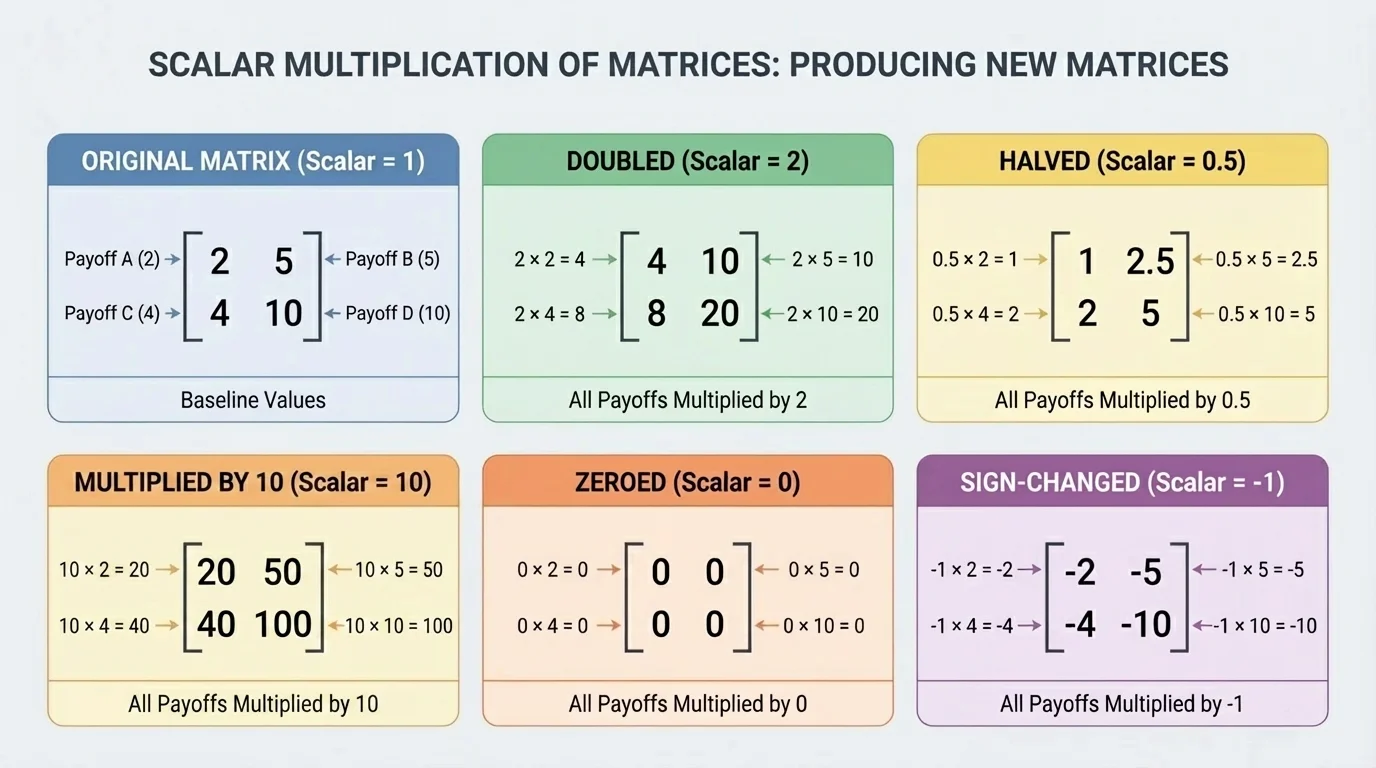 chart comparing one original matrix with four scaled versions labeled doubled, halved, zeroed, and sign-changed