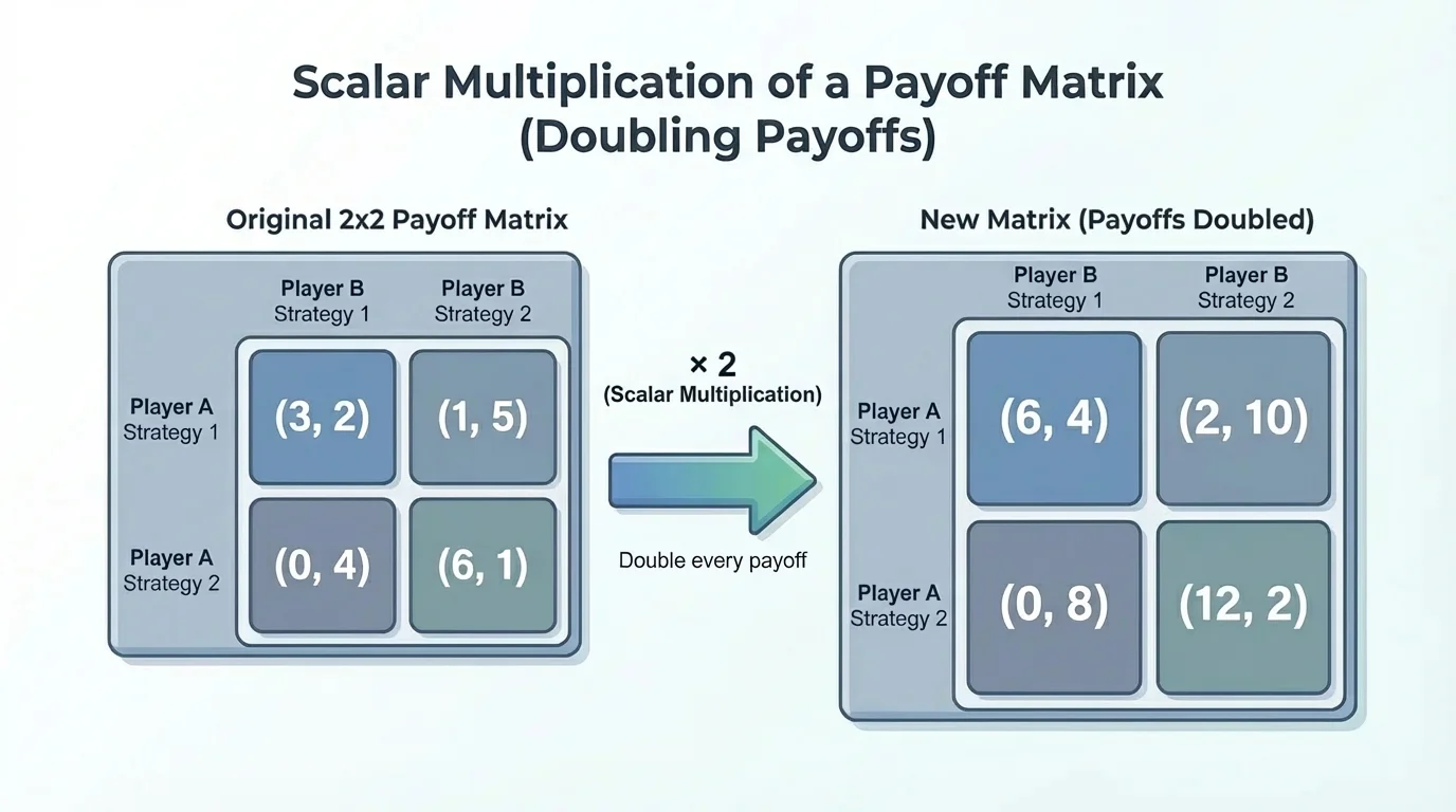 chart showing an original 2 by 2 payoff matrix for two strategies and a second matrix with every payoff doubled