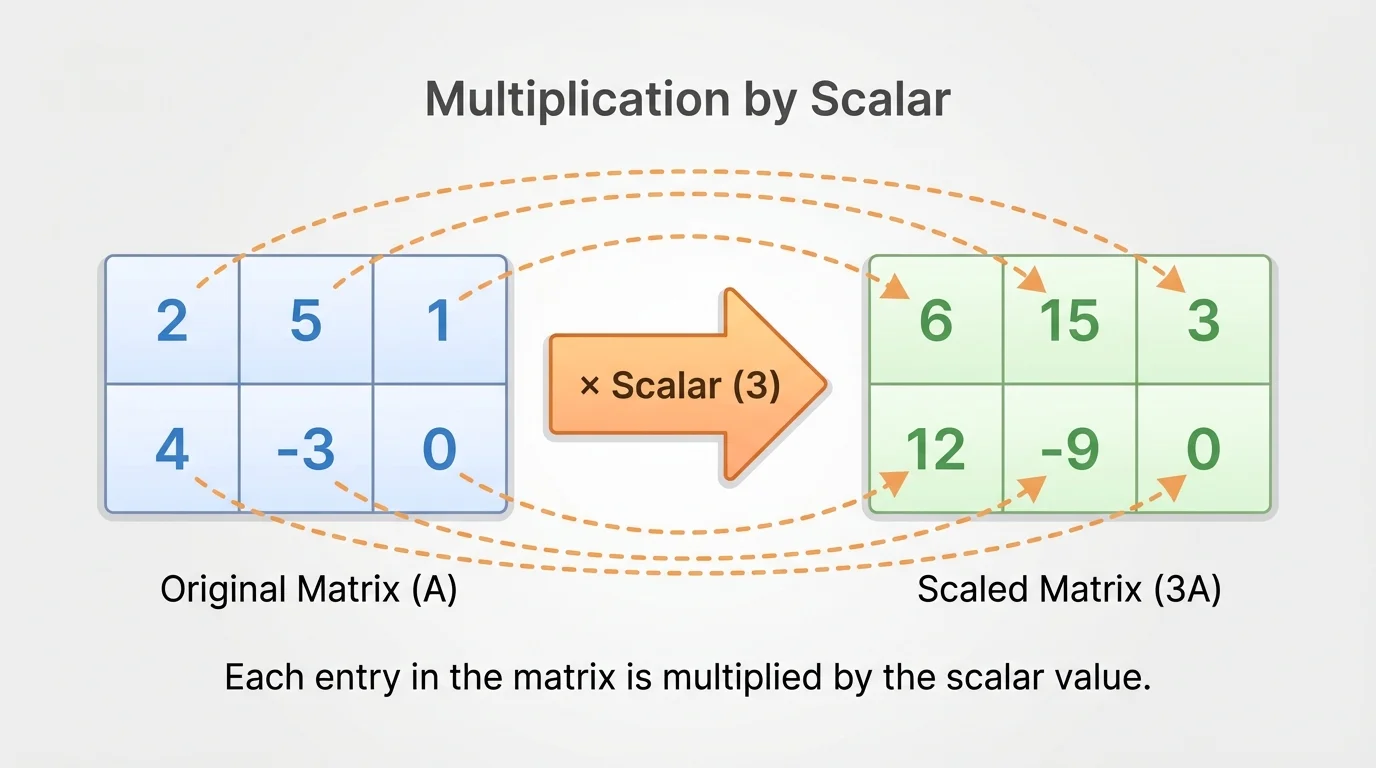 chart showing a 2 by 3 matrix and the result after multiplying every entry by 3, with arrows from each original entry to the scaled entry