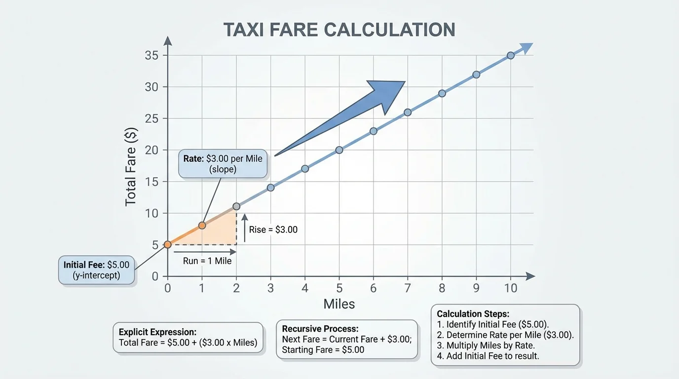 coordinate graph of taxi fare versus miles, starting above zero with a straight line rising at a constant rate, axes labeled miles and total fare